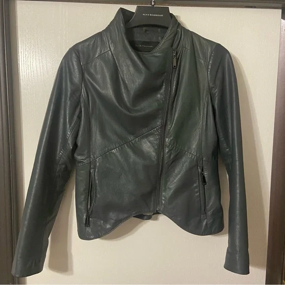 Elie Tahari Leather shirt jacket in grey - Picture 2 of 7